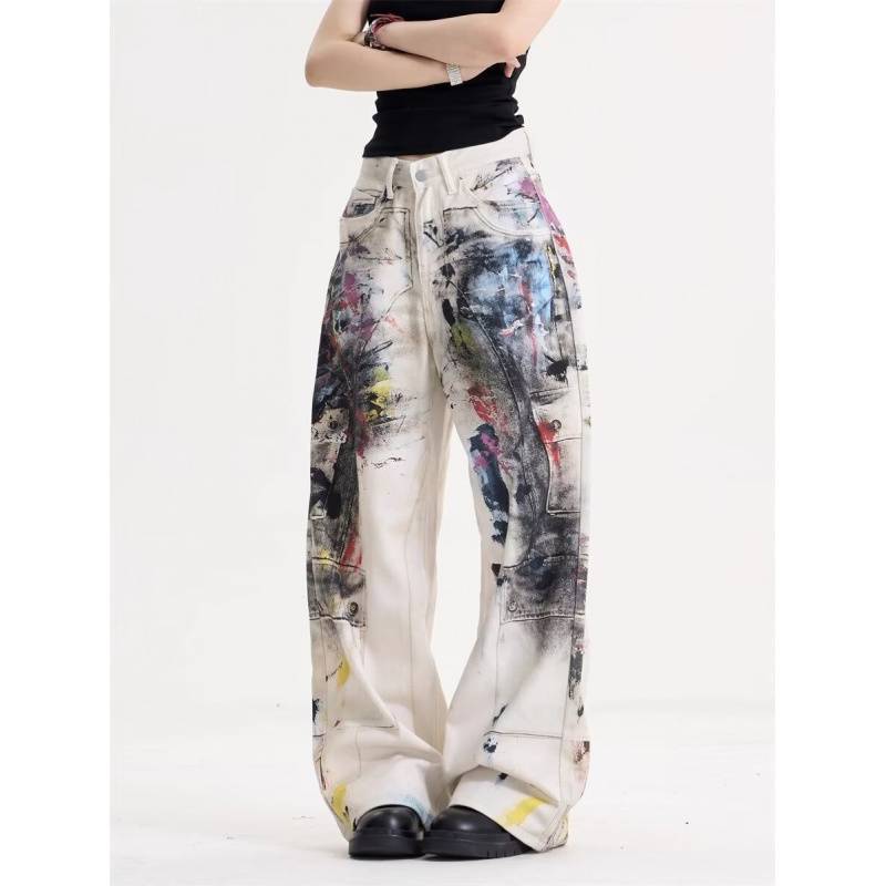 JYL Women's Straight Jeans American Vintage Graffiti Punk Wasteland Dirty Denim Pants