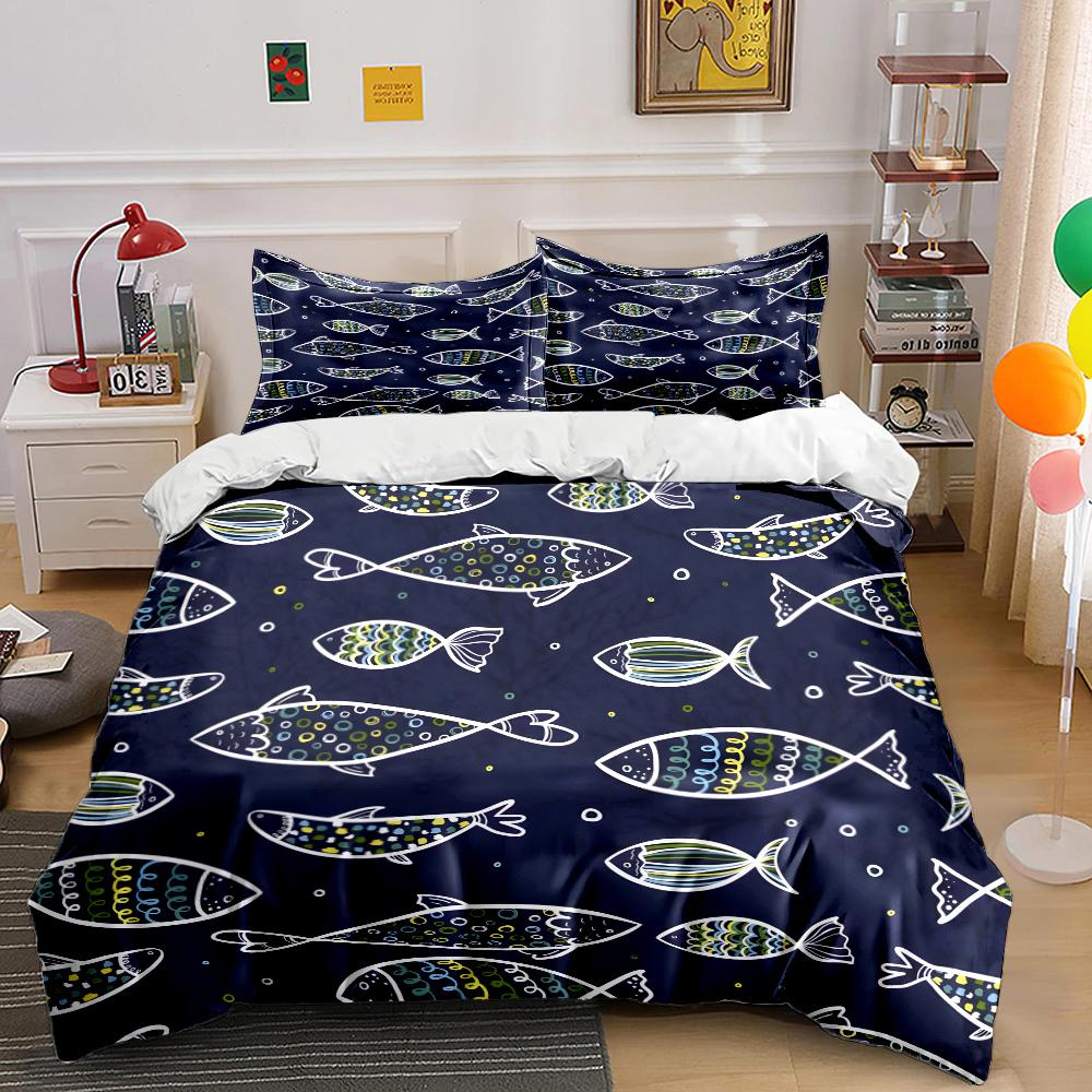 Set Copripiumino con Design di Pesci Colorati Fantasia Stampa Digitale Poliestere Biancheria da Letto con Chiusura a Zip Per Regali per Bambini