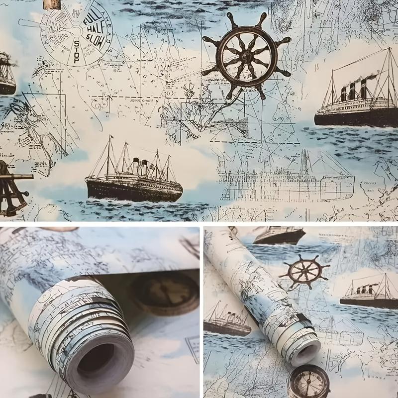 1 role 17,7 * 393,7 palců Samolepicí tapety Vintage Sailing Era používané k výzdobě pracovních stolů Domácí dekorace Nástěnné dekorace Ozdobte svůj domov!