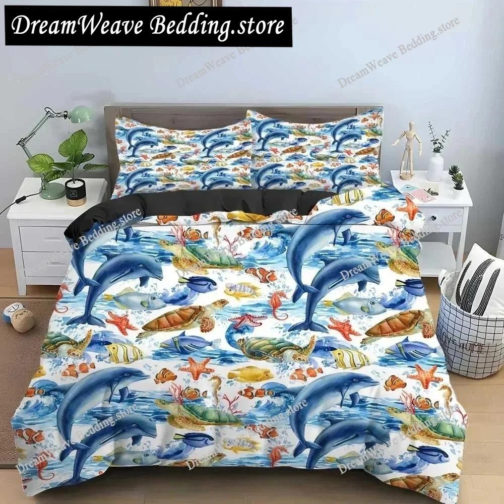 Bule Dolphin Whale King Queen Duvet Cover Underwater World Bedding Set Cartoon Sea Animal Comforter Cover Polyester Quilt Cover