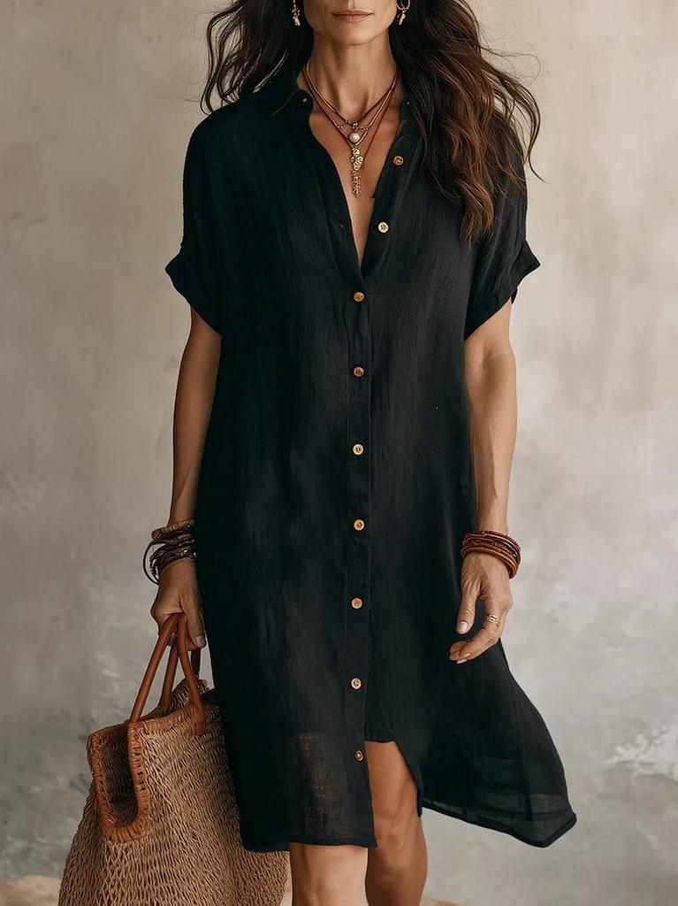 2026 European and American new shirt skirt fashionable and casual solid color short-sleeved button medium and long dress