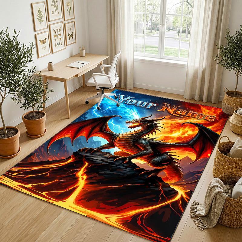 Dragon Phoenix Theme Crystal Velvet Rug Personalized Custom Name Text Soft Floor Mat Home Decor
