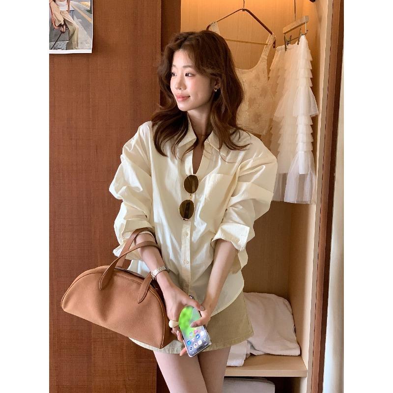 

Lemon Green Tea Design Lace-up Waist Pleated Long-sleeved Shirt for Women Spring Loose Lapel Top Onesize