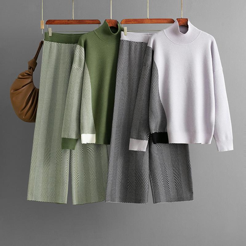 Fashion Contrasting Color Semi-turtleneck Loose Knitted Top Wide-leg Pants Two-piece Set