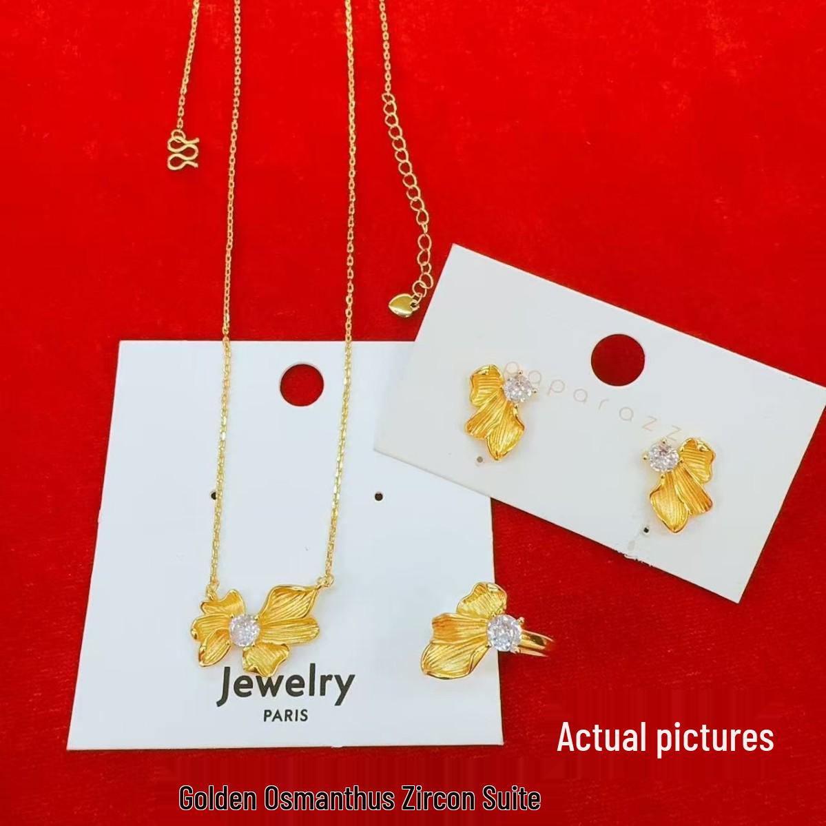 

Vietnamese Sand Gold Osmanthus Zircon Jewelry Set: Gold-Plated Necklace, Stud Earrings & Ring for Women - Perfect Birthday Gift Osmanthus Ring