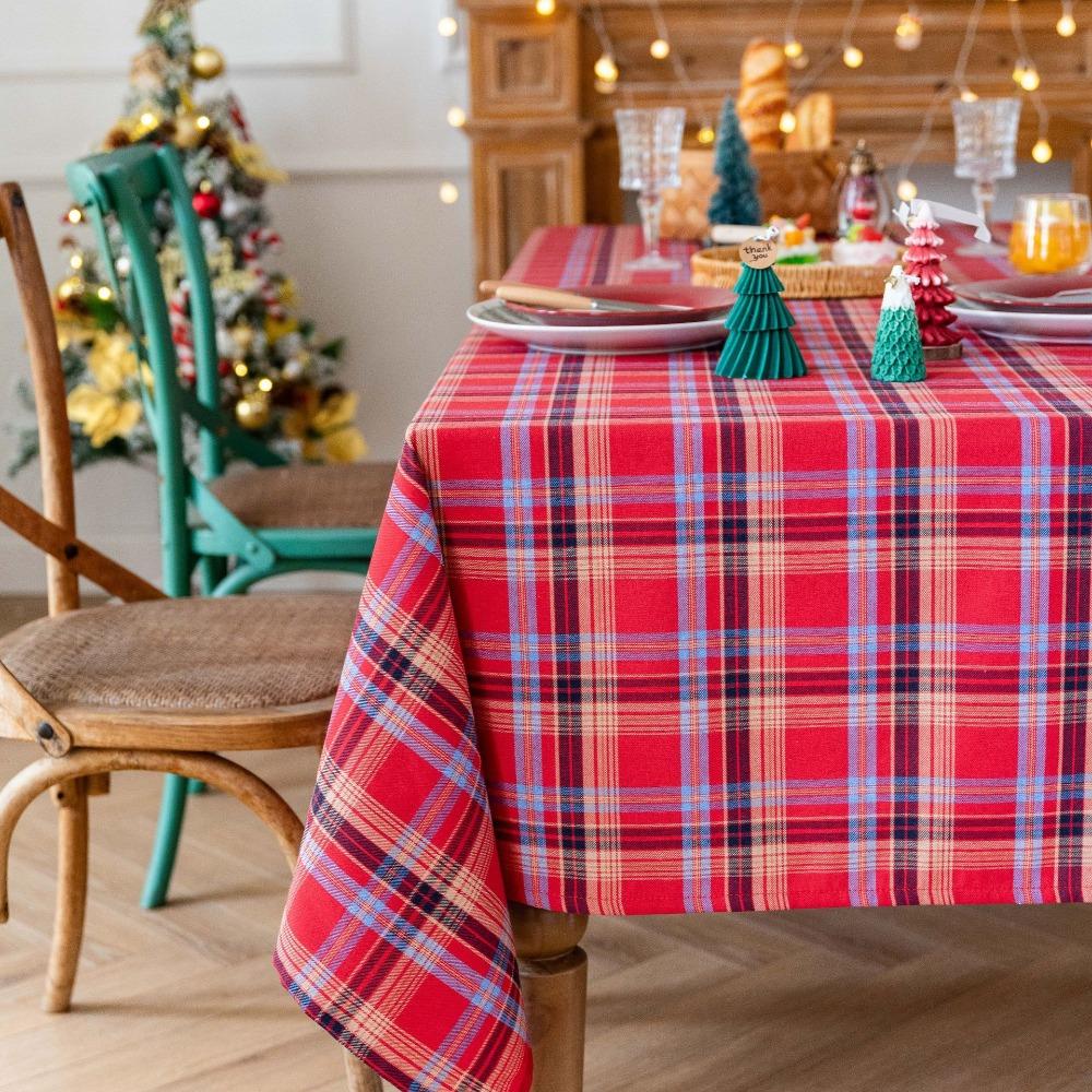 Christmas Tablecloth Vintage Striped Checkered Cotton Linen Dining Party Decor