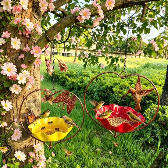 Outside Hummingbird Bird Feeder, Weather-proof Metal Butterfly Bird Bath, Hanging Feeding Bowl for Outdoor Garden Patio Yard