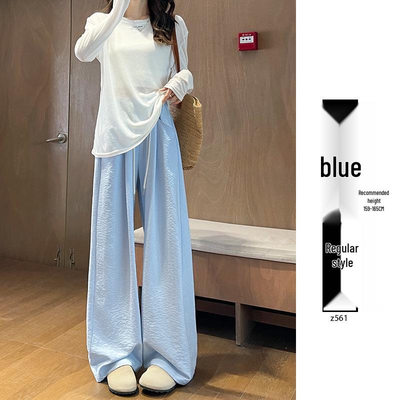 2025 Women's Blue Glutinous Rice Lazy Loose Wide-Leg Pants: Petite, Slimming, Summer Drape Design