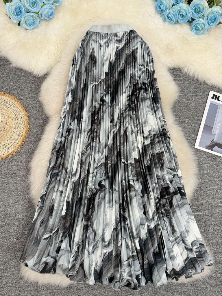 European & American Wave Pattern High-Waisted A-Line Pleated Midi Skirt