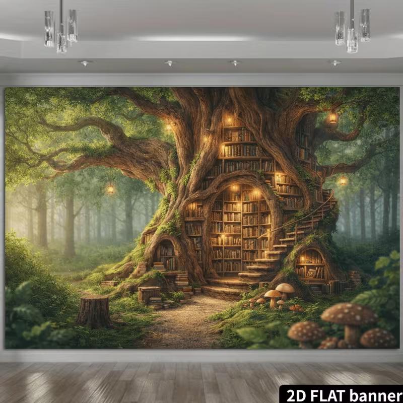 2D Whimsical Tree Library Tapestry, Aesthetic Enchanted Forest Wall Hanging