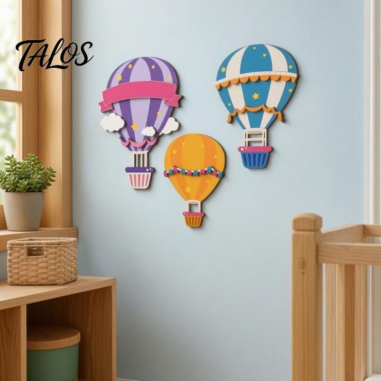 Childrens Bedroom Wall Accents 3Pcs Wooden Hot Air Balloon Art, 2D Flat Cartoon Hanging Ornaments, Colorful Kindergarten Decorations for Living