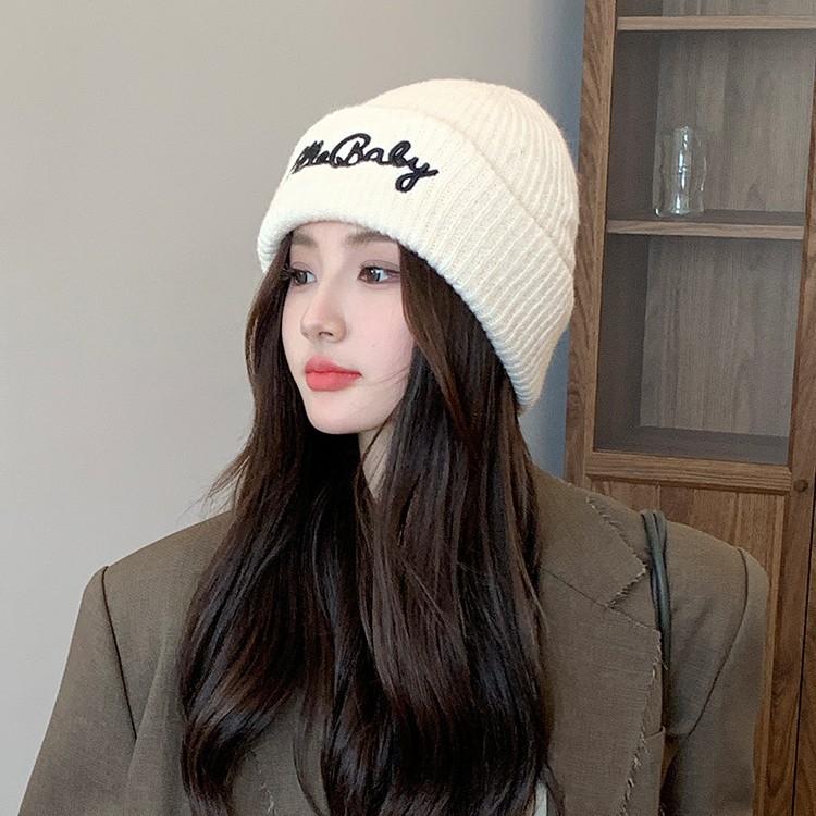 Thick Knitted Hat for Women in Autumn and Winter New Style Simple Versatile Letter Big Head Circumference Showing Face Small Woolen Ski Hat