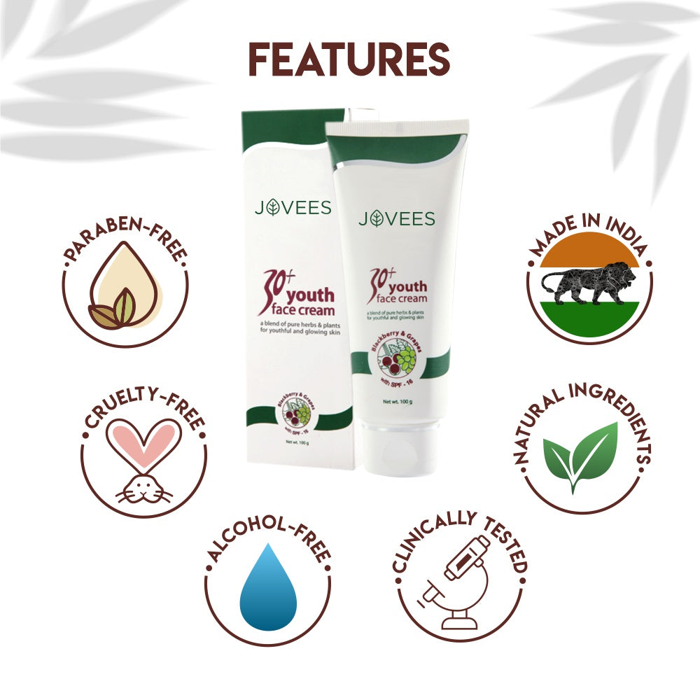 Jovees Herbal Youth Face Cream 30+ With SPF16 For Fine Lines Dark Spots Firm Skin And Radiant Glow 100gm Unisex Anti Ageing Moisturizer