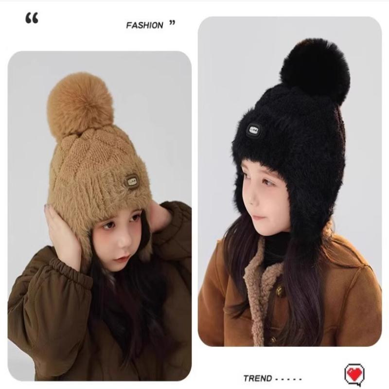 Winter Plush Knit Beanie Hat For Kids Cute Ear Protection Pullover Hats Outdoor Windproof Thickened Warm Cap