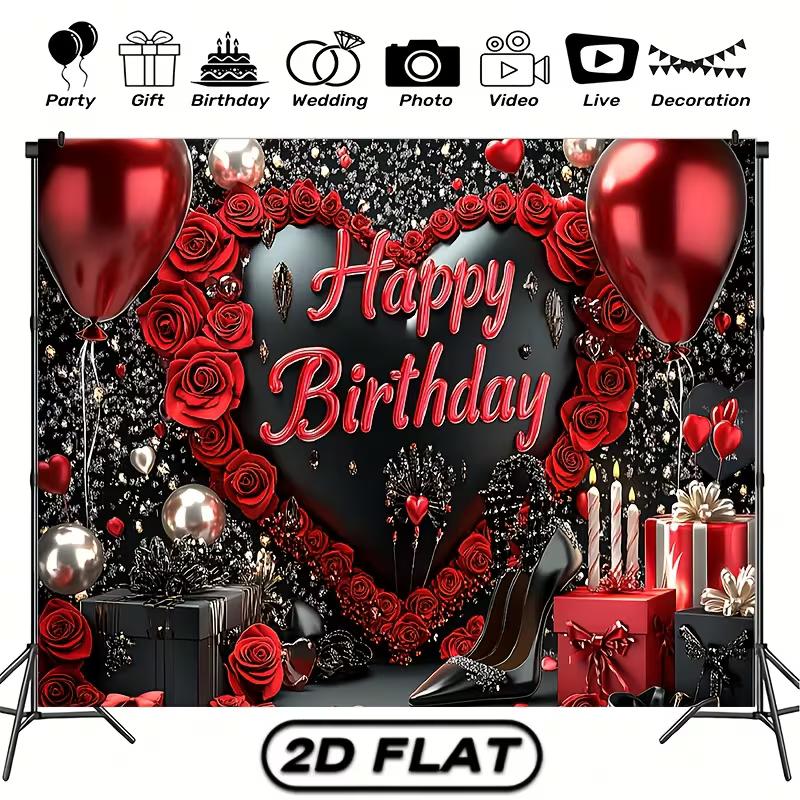 2D Glam Birthday Party Backdrop Red Roses & High Heels Photography Background