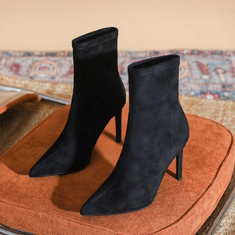 Fleece Black Elastic Thin Socks Boots, New Mid-tube Thin Heel Pointed Thin High-heeled Short Boots for Women In Autumn and Winter 2025
