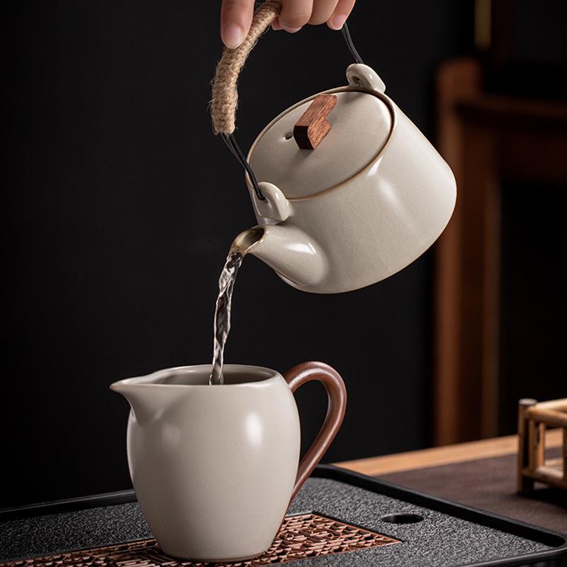 High-End Ru Kiln Ceramic Kung Fu Tea Set - Luxury Gaiwan Teapot, Tray, and Cups for Home.