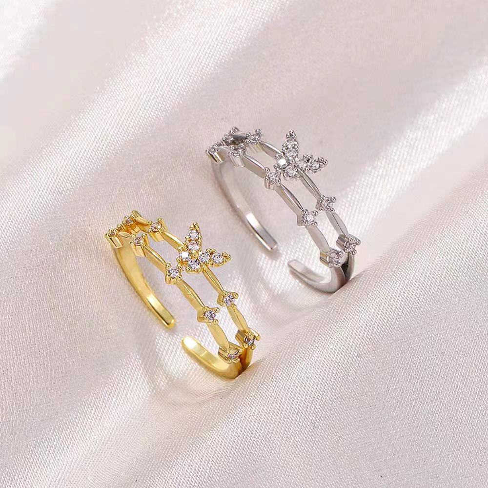 Chao Xiaobai 925 Sterling Silber Schmetterlingsring mit Zirkonia - Offenes doppellagiges geometrisches Design für Damen