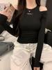 Amerikanischer Stil Schwarz Besticktes Off-Shoulder Langarm Damen-T-Shirt - 2026 Frühling/Herbst Schlanke Passform Spicy Girl Basis-Layer