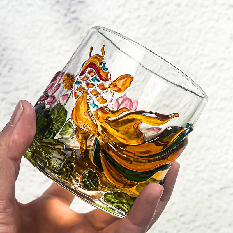 Chinese Style Painted Rotating Glass Cup with Base Whiskey Glass Creative Koi Lotus Design