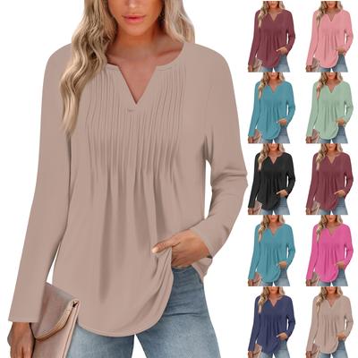 Women's Fashion Casual Pleated V Neck Solid Color Long Sleeve T-Shirt Elegant Tops