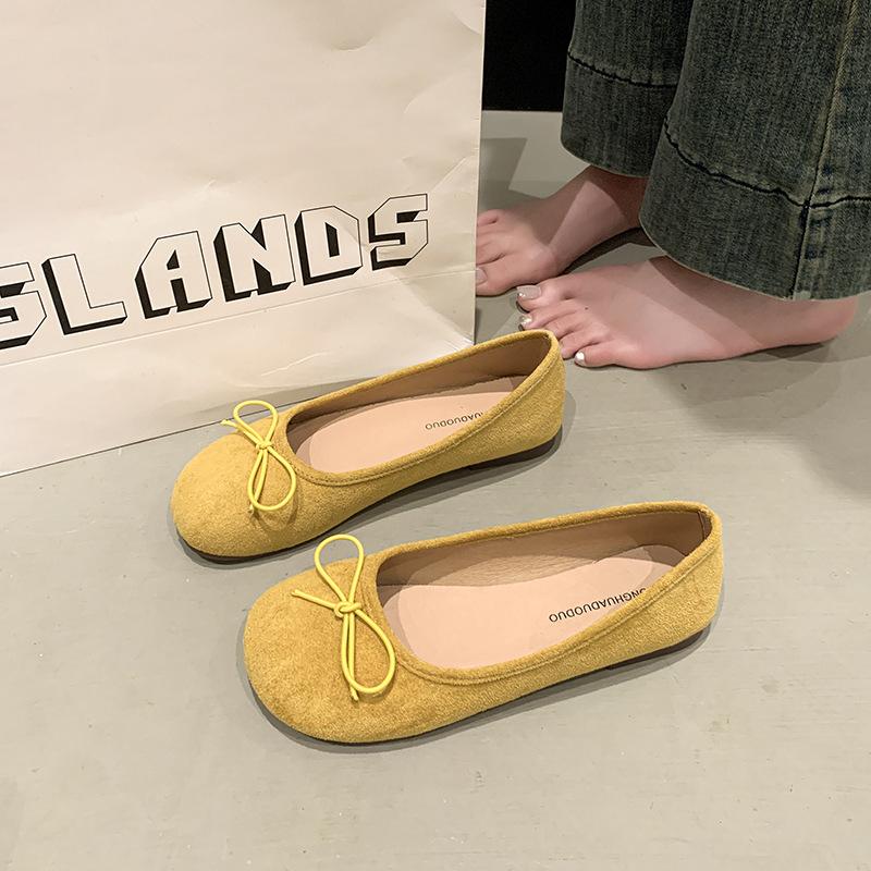 Spring and summer 2025 new bow suede shallow mouth single shoes round head comfortable soft sole not tired feet Doudou women's shoes