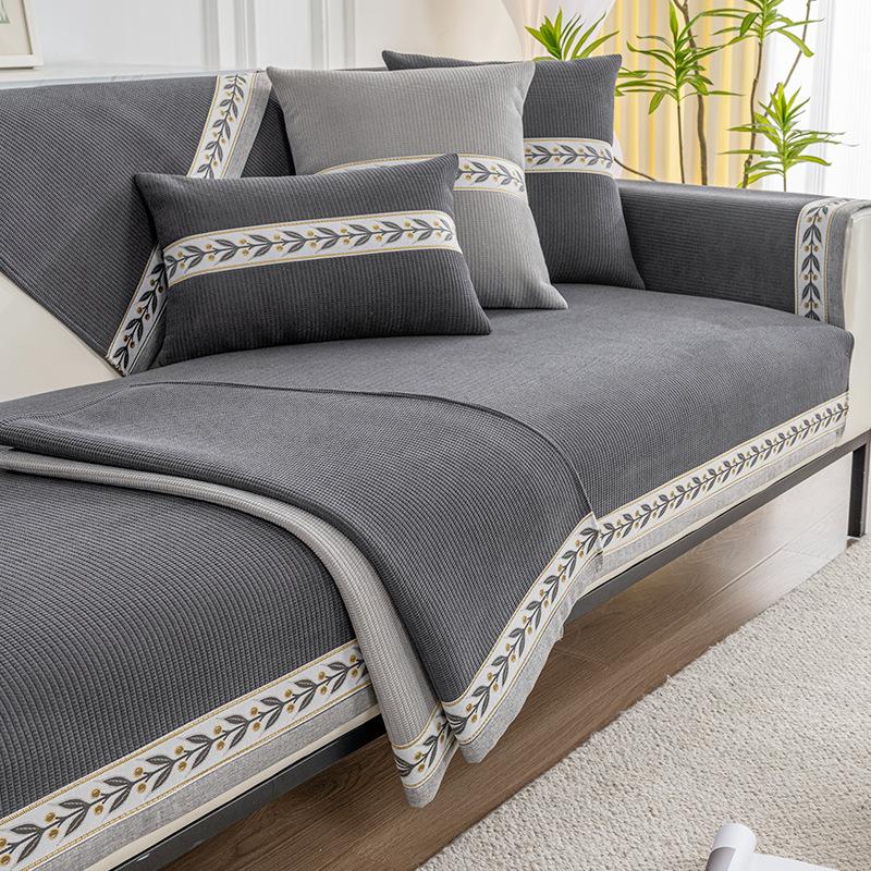 Short Plush Sofa Cover Embroidery Ribbon Slip Resistant Slipcover Seat European Couch Cover Sofa Towel For Living Room Decor
