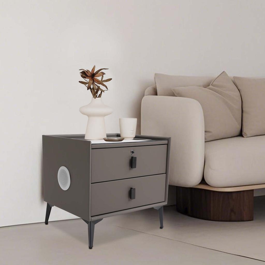 Smart Nightstand w/ Fingerprint Lock Drawer Nightstand w/ Wireless Charging/2 USB LED Lights Side Table for Bedroom/Living Room