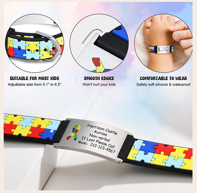 Personalized Autism Aspergers Bracelet for Little Boy Girl , Engraved Medical Alert ID Adjustable Silicon Bracelet Engraved Gift