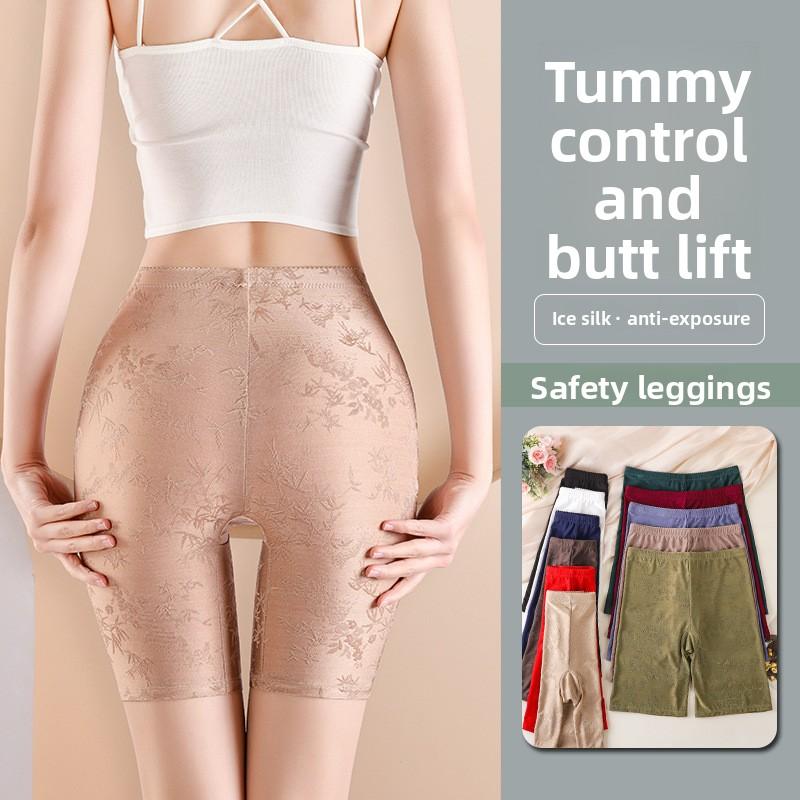 Plus Size Women Summer High Waist Ice Silk No Trace Safety Anti Walking Belly Lift Hip Five Points Leggings