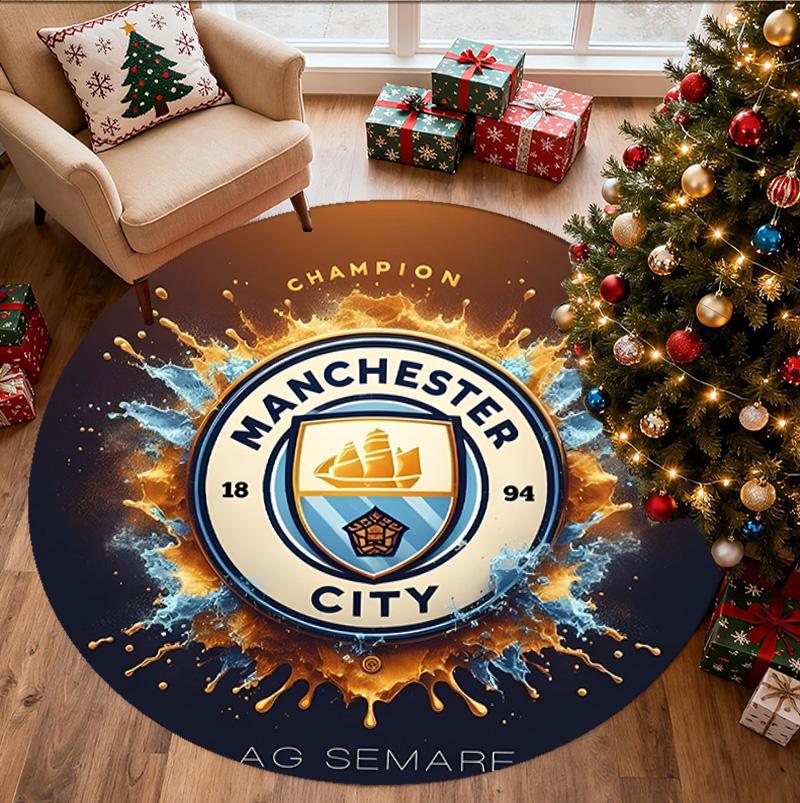 Manchester City FC Pattern Round Rug, Indoor/Outdoor Mat, for Picnic, Gameroom, Bedroom, Office, Living Room, Home Decor Carpet, Birthday Gift