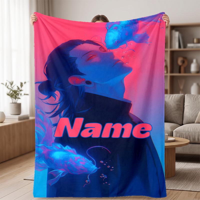 Suguru (1) Custom Name Flannel Blanket Soft Cozy Blanket for Sofa Bed Couch Travel Home Decor Gift