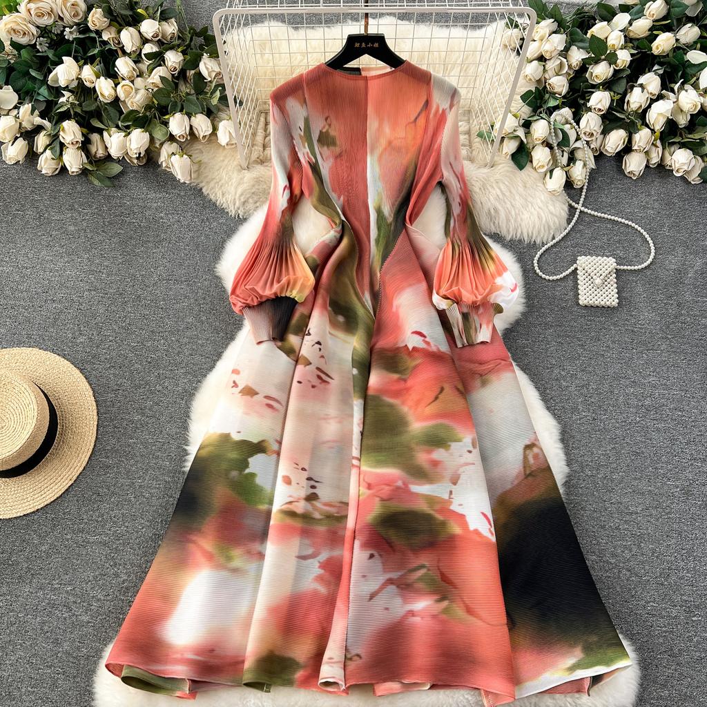 Französisches Kleid für Damen, leicht, luxuriös, schweres Plissee, schmal, langes Design, Swoosh-Druck