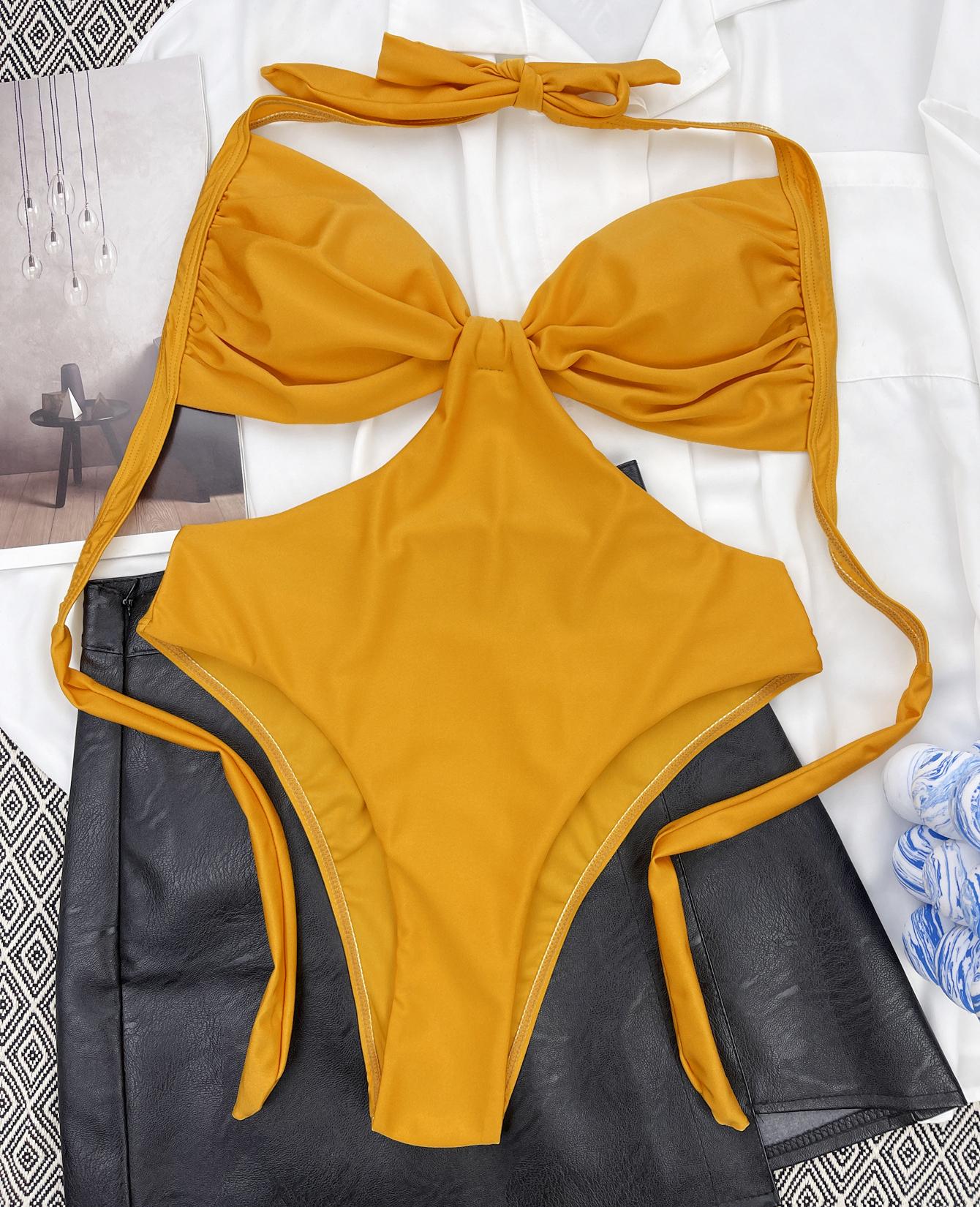 

Женский купальник с лямкой на шее, цельный бикини с завязками на спине, сексуальный пляжный купальник для женщин M жёлтый