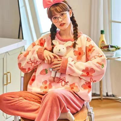 Fashion Long Sleeved Pajama Set, Comfortable Flannel Coral Velvet Pajamas, Korean Version Cute Home Women's Clothing Set