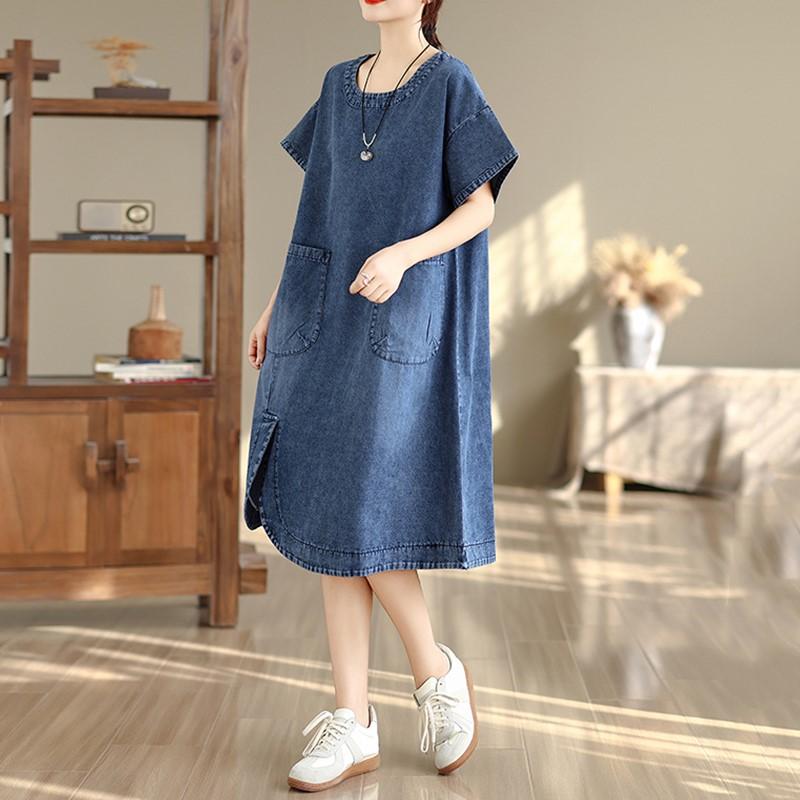 Short sleeve Plus size vintage new in dresses for women casual loose midi summer denim dress