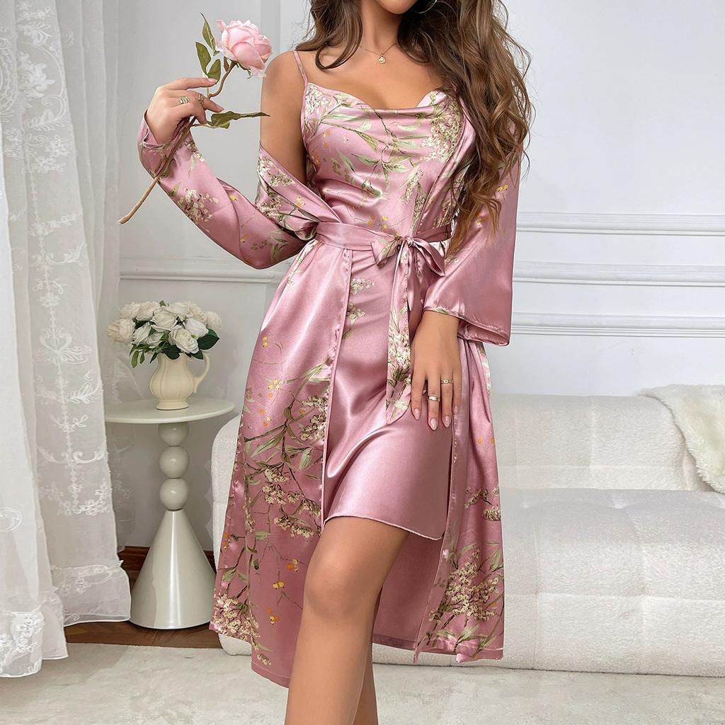 Women's Sleeveless Camisole+Robe Two-Piece Pajama Set Lightweight Loungewear All Seasons Tie-Waist Sleepwear Mid-Length Nightgown Home Wear Outfit