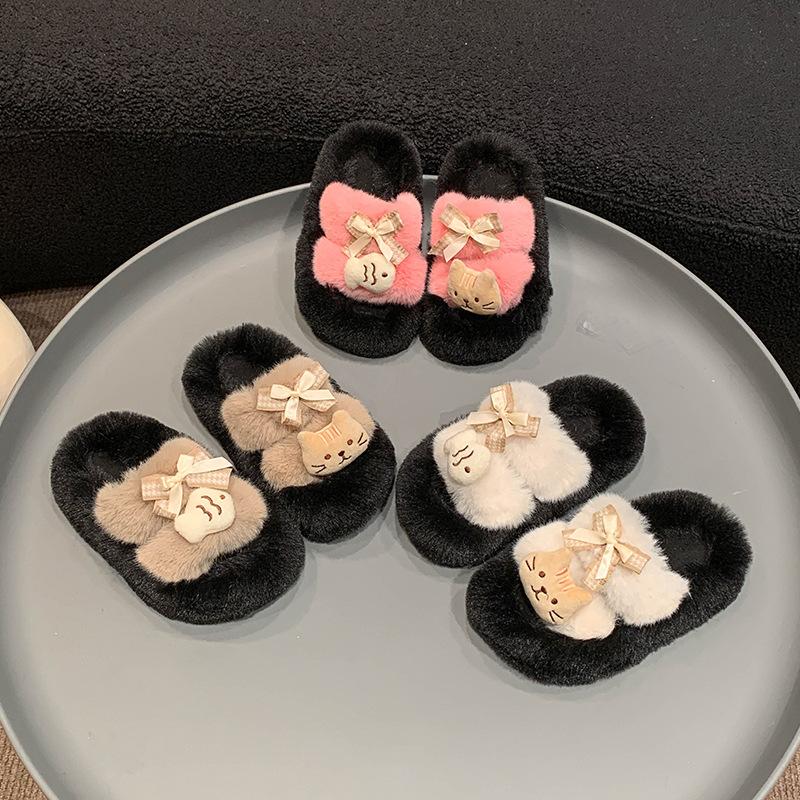 Soft cute kitten thick-bottomed fluffy slippers girl autumn fashion outer wear flanged children's cotton slippers woman