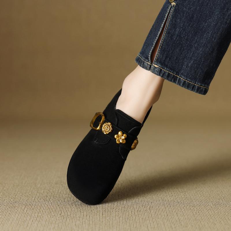 Huge and beautiful~! Frosted retro gold buckle thick heel loafer single shoes women's middle heel grandma shoes