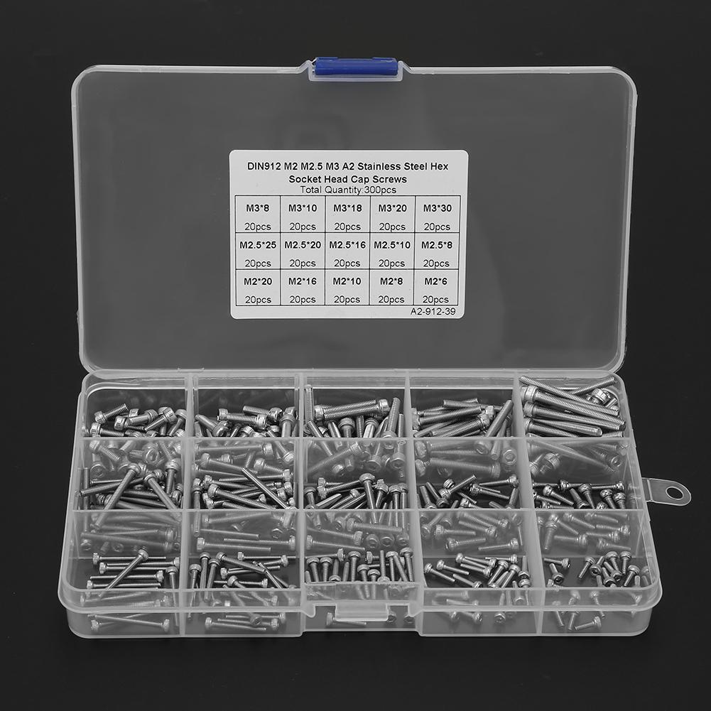 300pcs M2 M2.5 M3 Hex Socket Stainless Steel SS304 Cap Screw Bolt Assortment Set