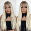 European and American Style Women Long Straight Wig with Blunt Bangs Front Lace Heat Resistant Synthetic Fiber Ombre Gray Wigs