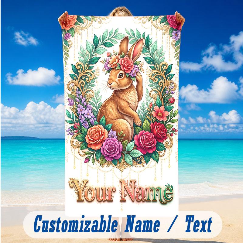 Easter Bunny Theme Beach Towel Personalized Custom Name & Text Soft Quick Dry Beach Towel for Swimming Travel