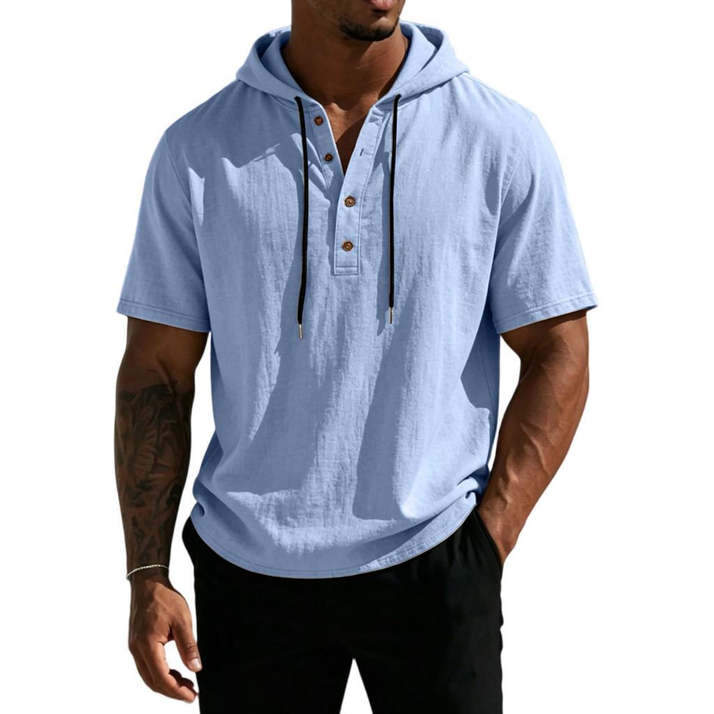 Men's Linen Short Sleeve Hooded Shirt - Casual Loose Fit Button Front Summer Beach Top