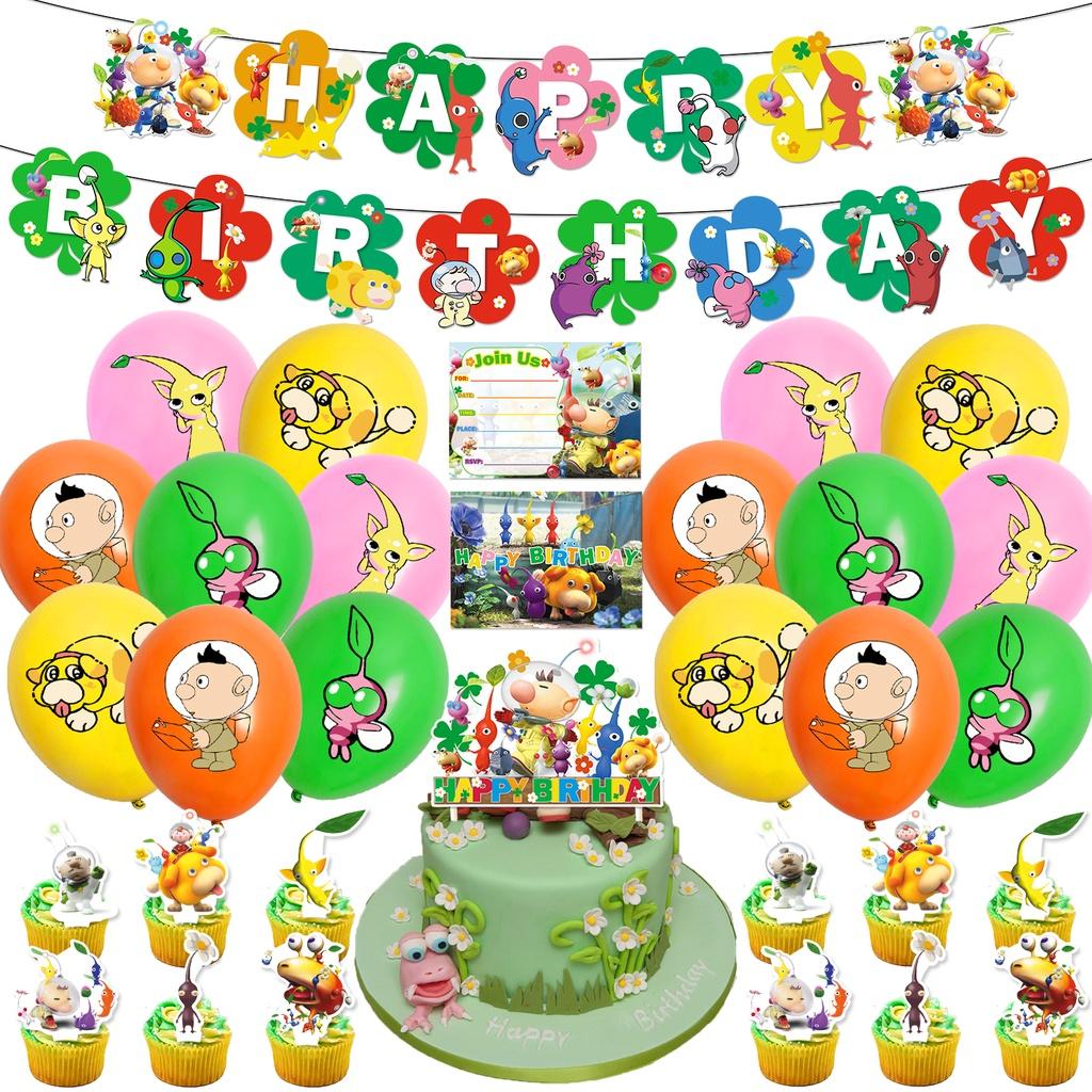 Pikmin-4 Geburtstagsparty-Dekorationsset: Papiergirlande, Luftballons, Tortenaufsatz, Cupcake-Aufsatz und mehr!