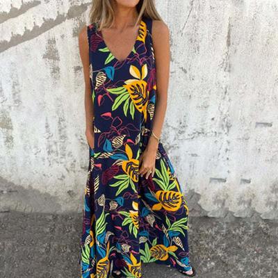 Spring and Summer New Independent Station, Fashionable V-neck Loose Leaf Pattern Vest Dress