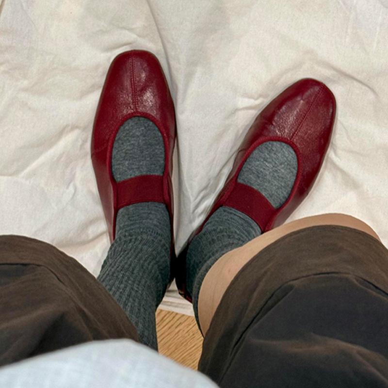 Sheepskin version~ niche new Korean version of red leather ballet Mary Jane women's shoes elastic band single shoes women's flat bottom