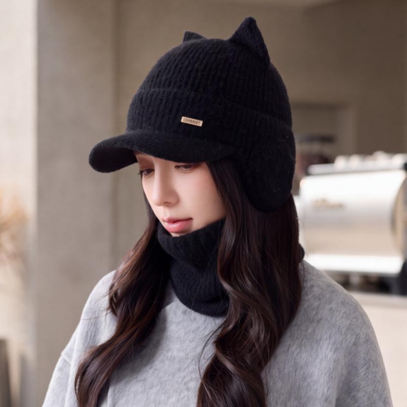 Internet celebrity cat ear knitted hat women's autumn and winter versatile velvet ear protection baseball cap cute thickened warm wool hat