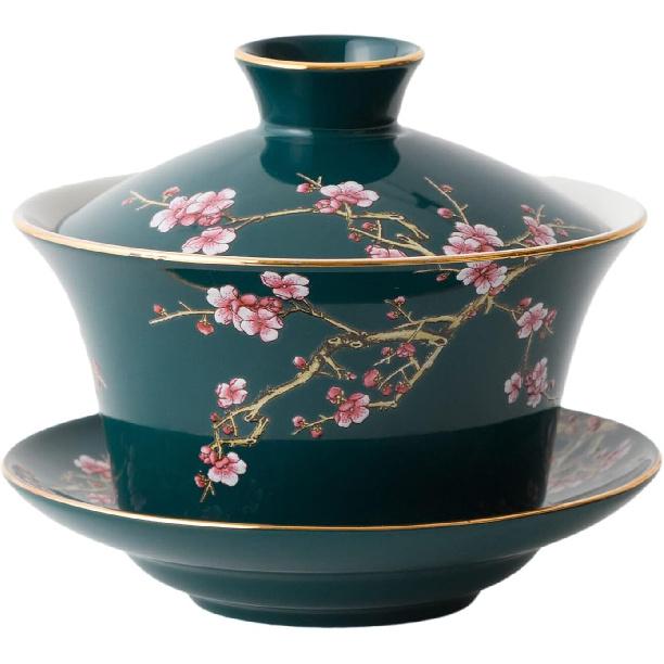 YBK Tech 10oz Large Gaiwan, Porcelain Kung Fu Tea Cup and Saucer with Lid, Chinese Traditional Gaiwan, Sancai Tea Bowl - Embossed Plum Patterns