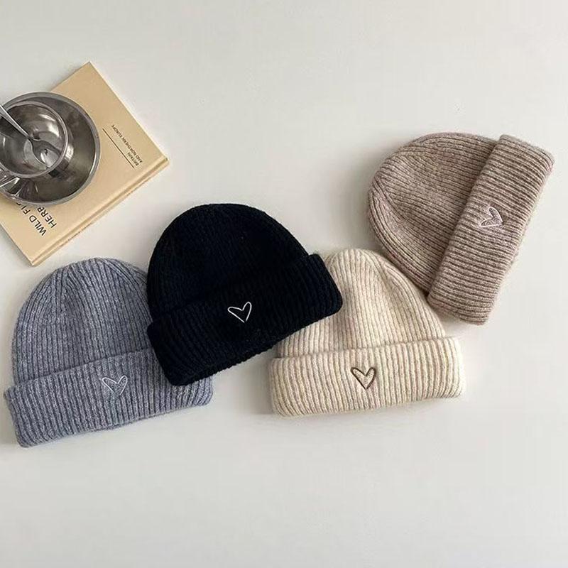 Children Embroidery Heart Winter Beanie Hat Girls Boys Knitted Woolen Warm Cap Versatile Anti Cold Windproof Pullover Bonnet