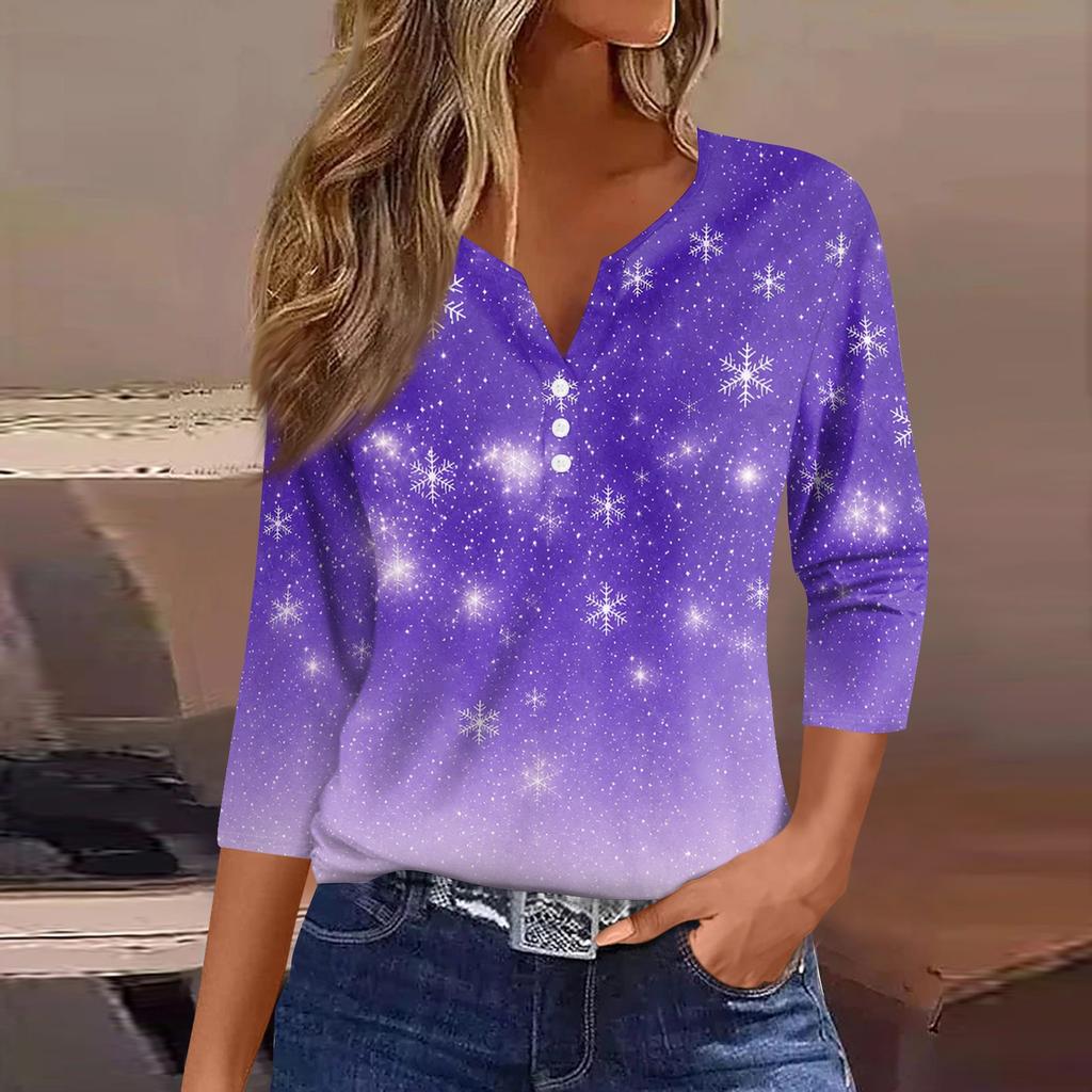 Women's Fashion Casual Christmas Print V-Neck 3/4 Sleeve Button T-Shirt Top